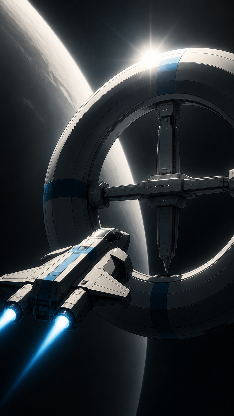 An adult salvage pilot docking with a silent ring-shaped station, at the threshold between routine procedure and genuine discovery. Expansive orbital composition anchored by one clearly readable vehicle. Soft monochrome 
