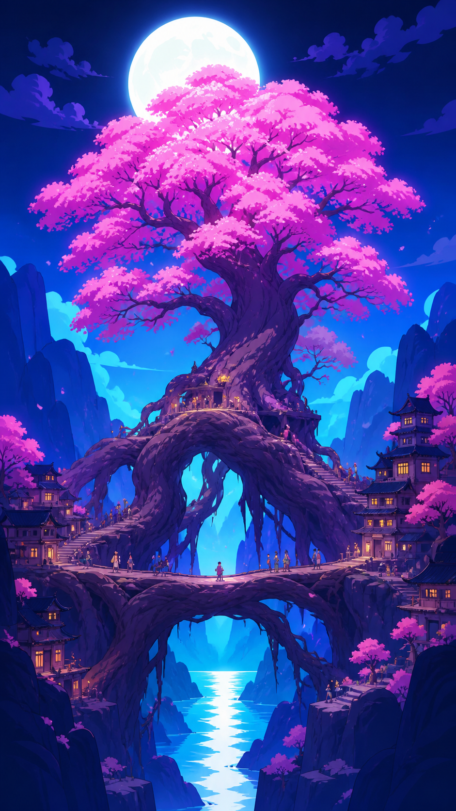 An ancient cherry tree whose roots bridge two mountain communities, with tiny visitors clearly revealing the extraordinary scale. Vertical hero view showing the full tree from roots to crown. Saturated magenta, electric 