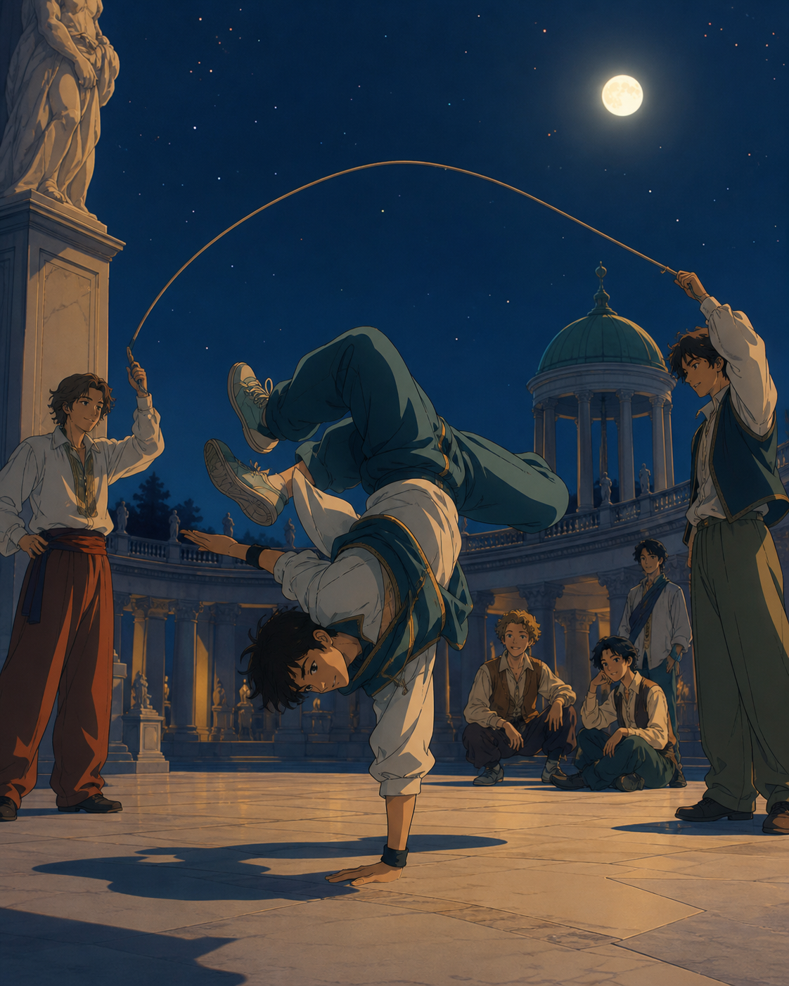 Breakdancers and jump-rope performers sharing a public plaza, on a bright weekend afternoon with ample safe open space. Side-on sequence-like frame with one athlete as the clear focal point. Moonlit indigo, oxidized copp