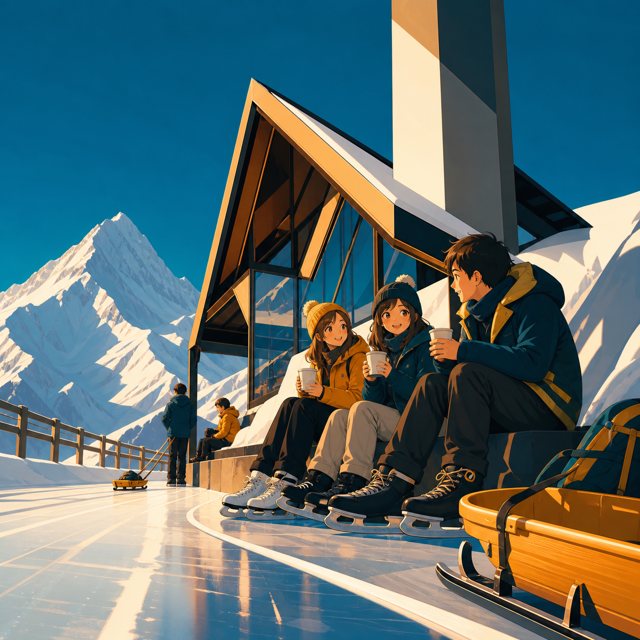 Young hikers sharing warm drinks beside a mountain shelter, during lively age-appropriate winter fun. Low action view along a sled or skating path. Saffron, peacock blue, dark umber, and chalk white. Whimsical but visual