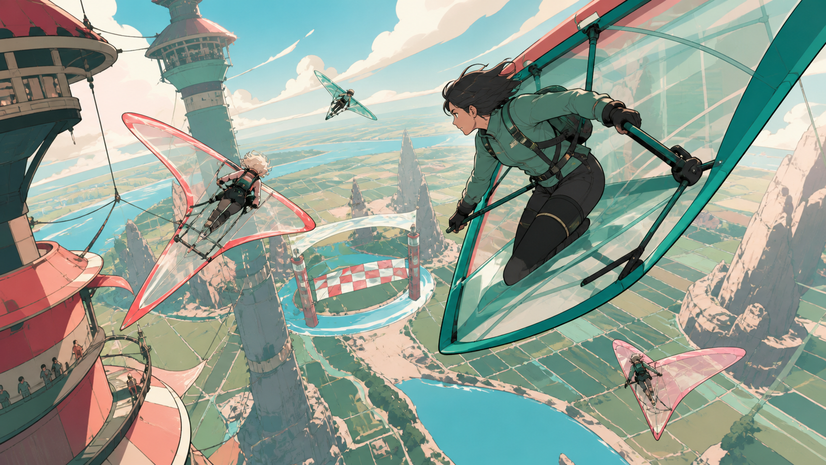 Professional racers steering translucent wind boards around tall towers, above a broad landscape with the finish line clearly visible. Vertical dive composition emphasizing altitude and route choice. Celadon, coral pink,