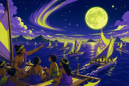 An island astronomer teaching children to read the night sea, during a joyful island competition across vivid open water. Ocean-wide fleet view with islands placed across a clear h