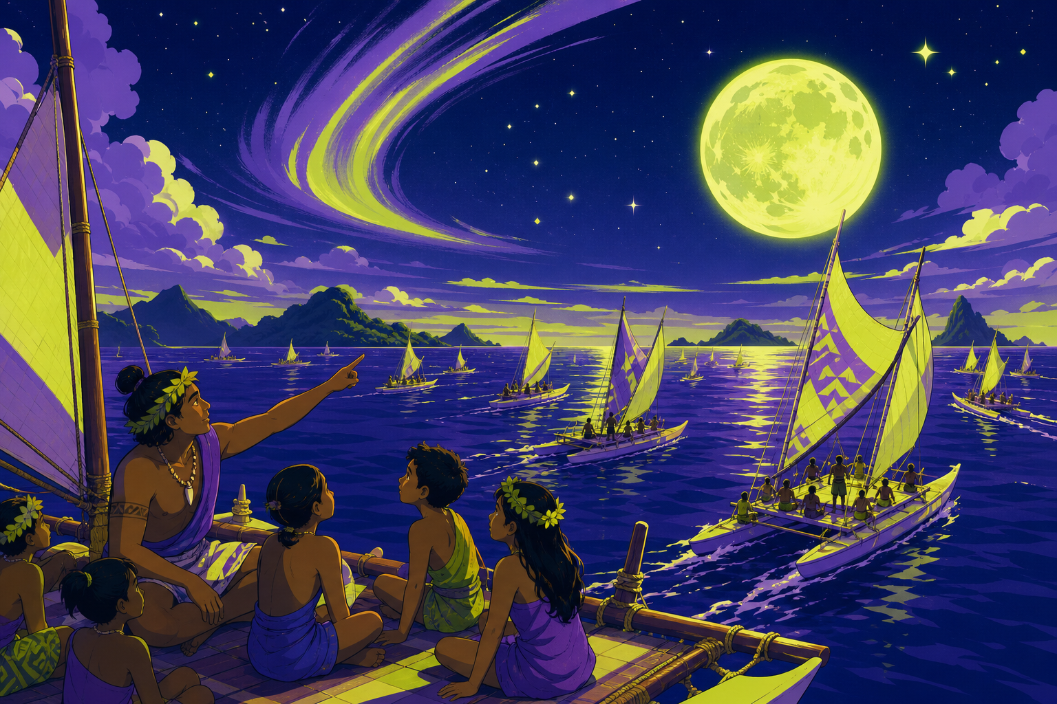 An island astronomer teaching children to read the night sea, during a joyful island competition across vivid open water. Ocean-wide fleet view with islands placed across a clear horizon. Acid lime, ultraviolet, matte na