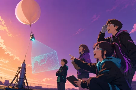 A science-club team launching a homemade weather balloon from a field, when the invention succeeds in a surprising but useful way. Side-on test composition connecting cause, machin