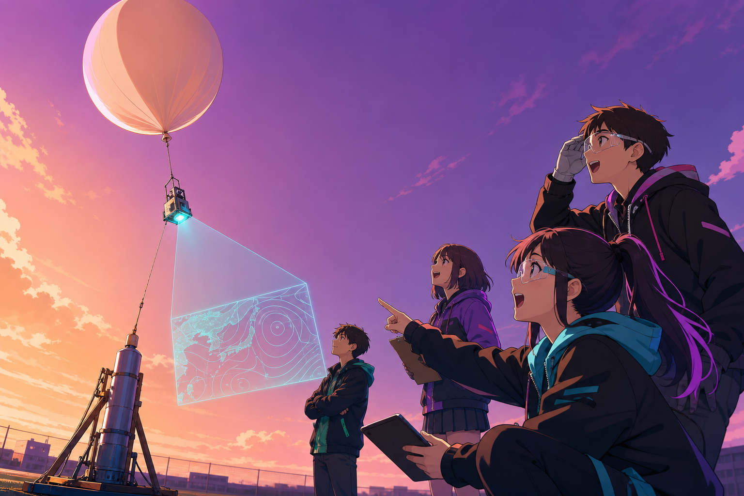 A science-club team launching a homemade weather balloon from a field, when the invention succeeds in a surprising but useful way. Side-on test composition connecting cause, machine, and outcome. Apricot, orchid purple, 