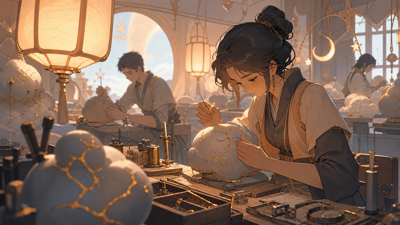 An artisan studio where damaged dreams are repaired with gold thread, during a busy workday filled with several precise ongoing tasks. Close observational composition layered with tools in foreground and active work behi