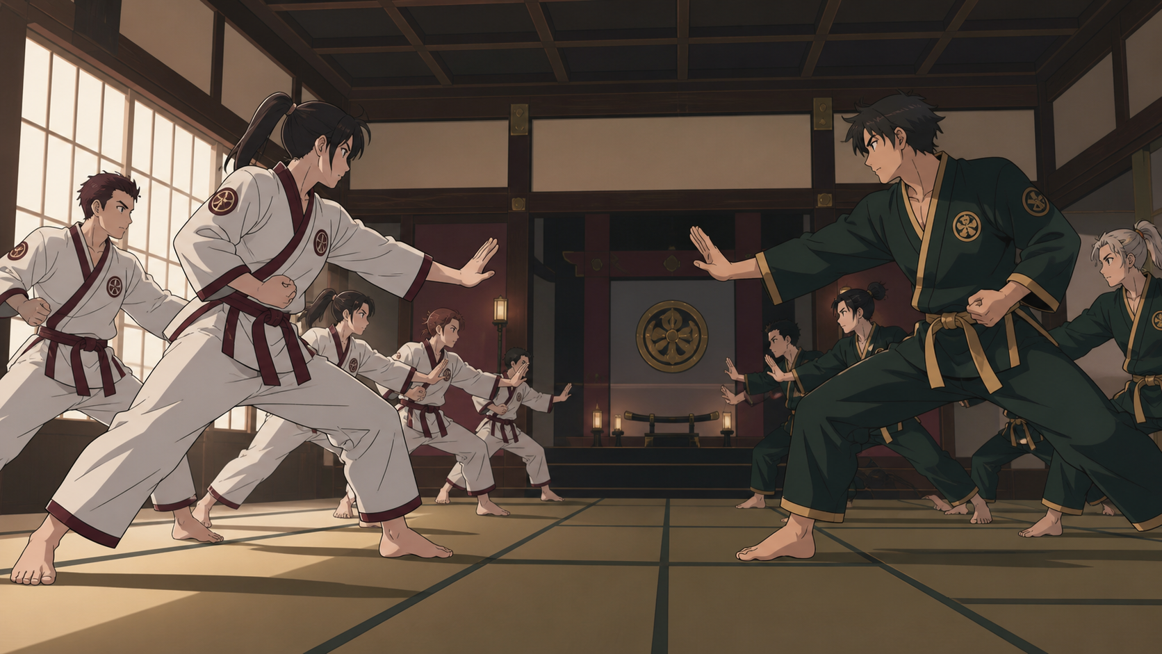 Two rival dojo teams meeting for a disciplined exhibition match, in a calm location whose stillness contrasts with precise movement. Low diagonal action view focused on footwork and counter-movement. Burgundy, midnight g