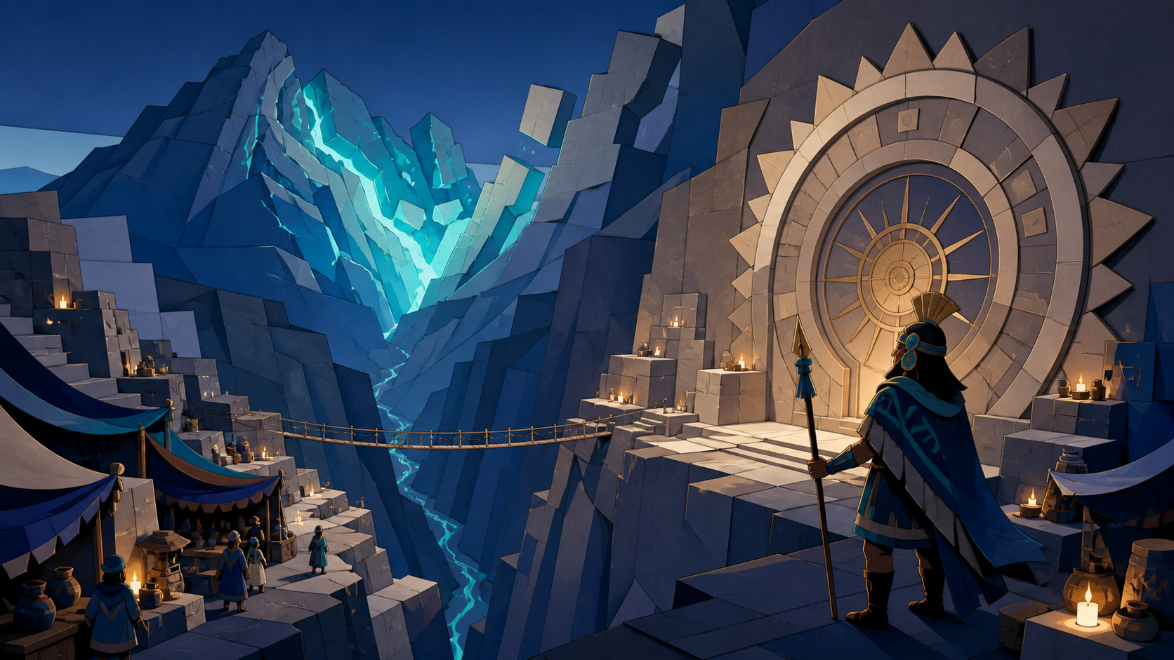 A warrior guarding a sun gate as the mountain behind it begins to move, as ancient infrastructure meets one impossible new invention. Vast vertical valley view crossed by one delicate bridge. Ultramarine, bioluminescent 