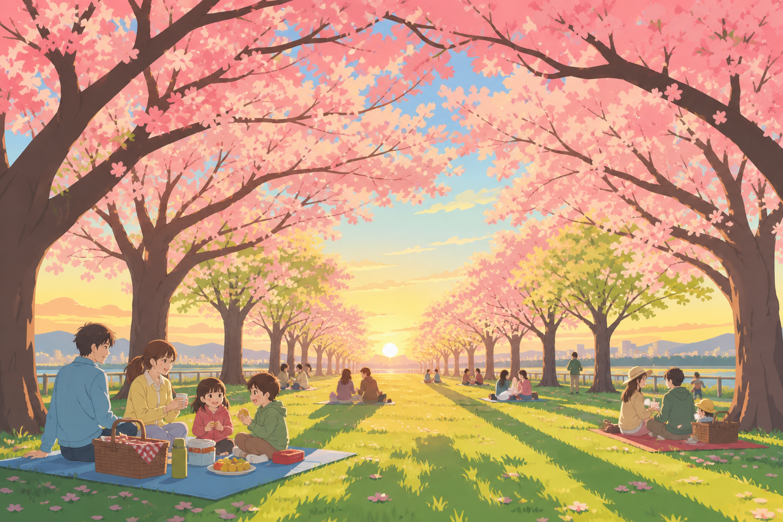 Families picnicking beneath broad spring blossom canopies, at an unusual hour that makes a familiar place feel new. Long avenue perspective beneath an arching canopy. Soft pistachio, butter yellow, powder blue, and straw