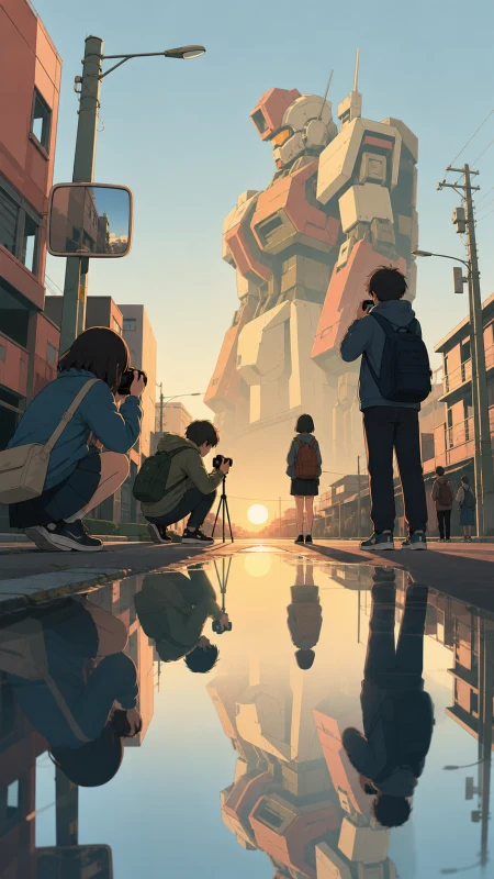 A middle-school photography club documenting unusual reflections, during an ordinary weekday interrupted by one gentle supernatural event. Street-level view with foreground pedestr