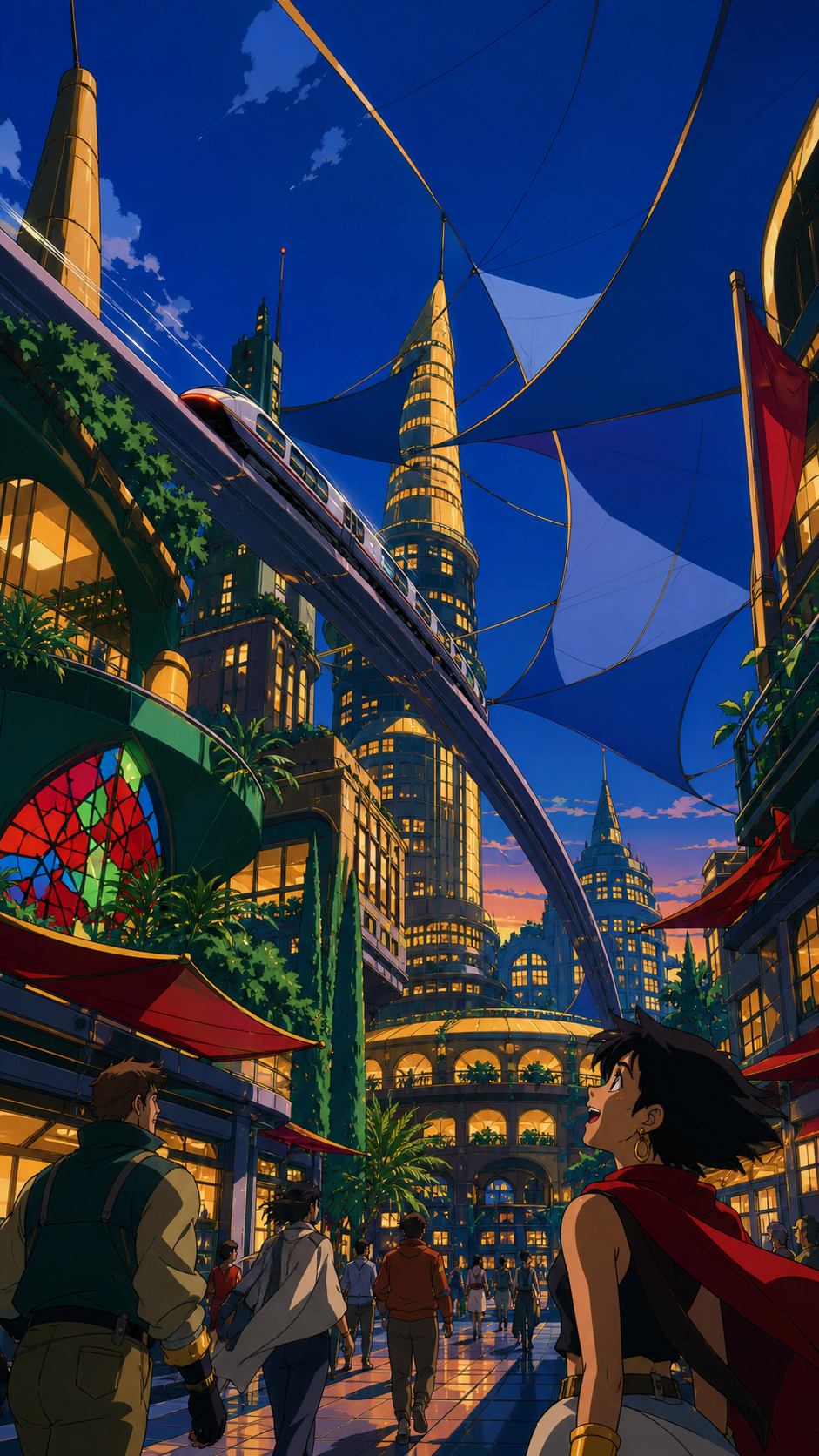 A solar-powered desert city shaded by kilometer-wide silk canopies, during the blue hour as thousands of windows begin to glow. Street-level cinematic view looking upward through layered architecture. Emerald, stained-gl
