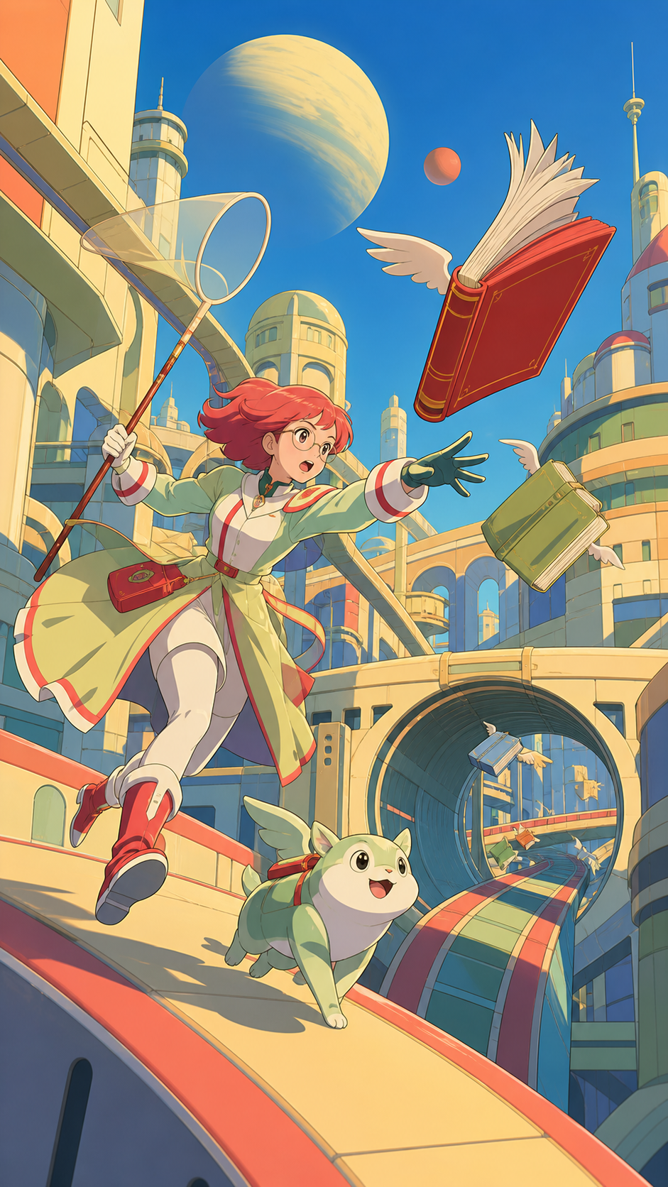 A supernatural librarian chasing overdue books that have learned to fly, through a sequence of clearly readable obstacles and route choices. Dynamic foreground pass with the next obstacle clearly framed beyond. Soft pist