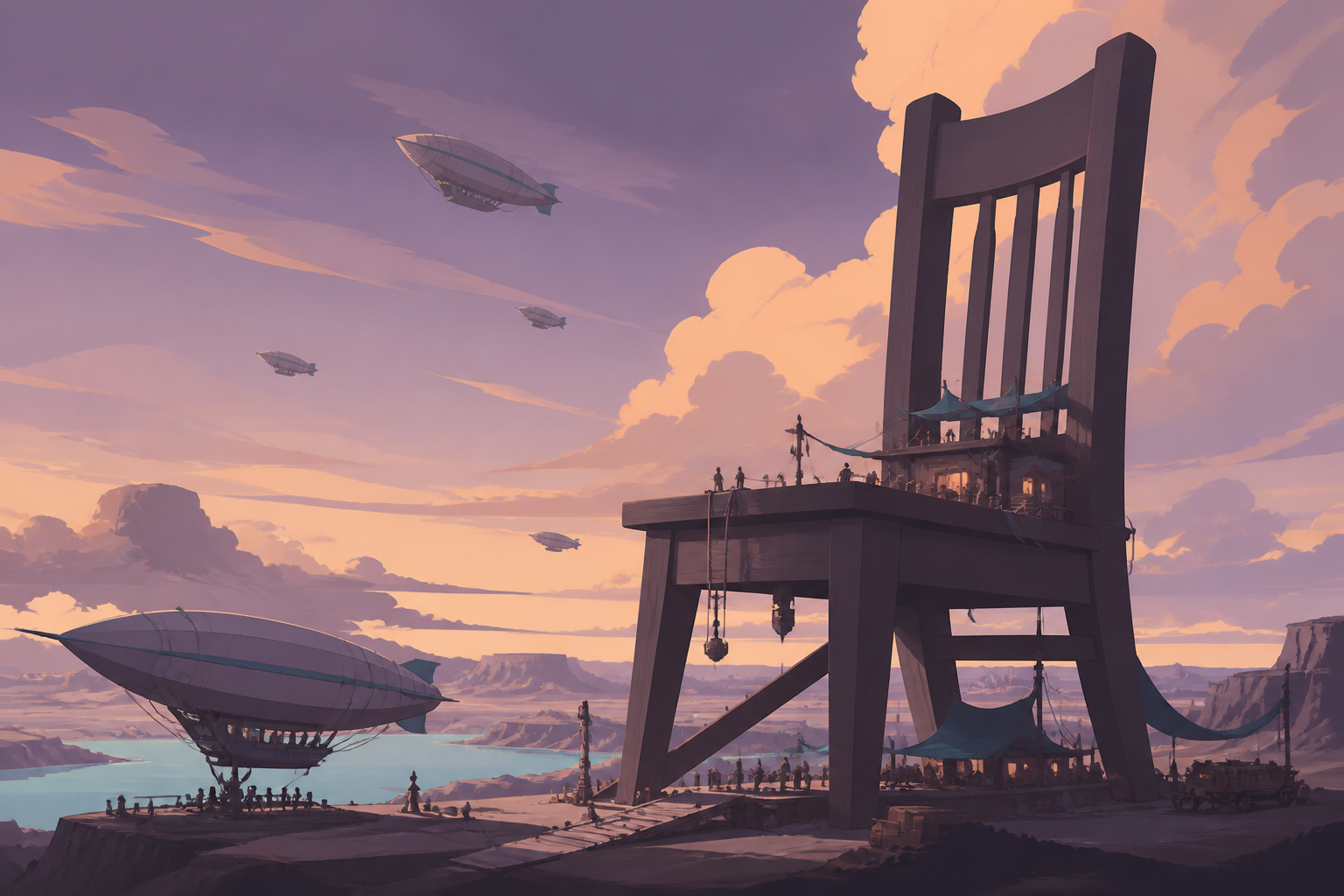 An enormous empty chair serving as a rest station for migrating airships, treated as inhabitable geography rather than a symbolic poster. Extreme wide view organized around one unforgettable silhouette. Apricot, orchid p