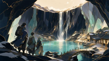 Climbers discovering a warm blue lake inside a high stone basin, at the moment the travelers first see the place they sought. Epic wide landscape with the waterfall forming a stron