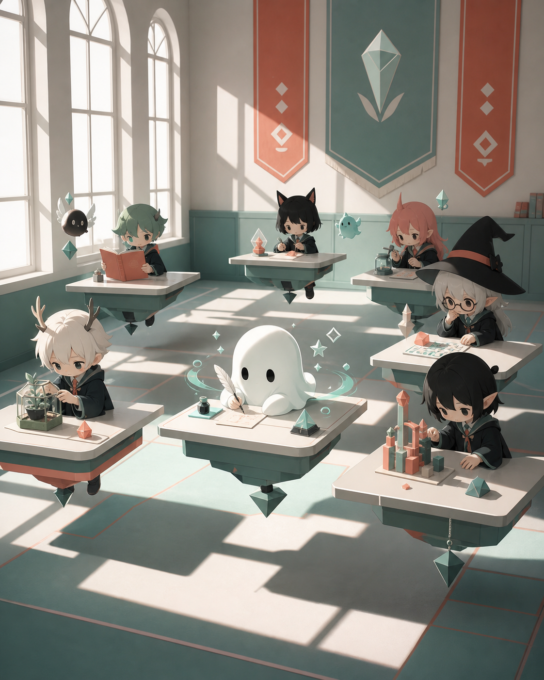 A chibi ghost attending lessons through a desk designed for floating, during a cooperative exam that rewards kindness and creativity. Classroom-wide ensemble with every student's activity clearly separated. Sea-glass gre