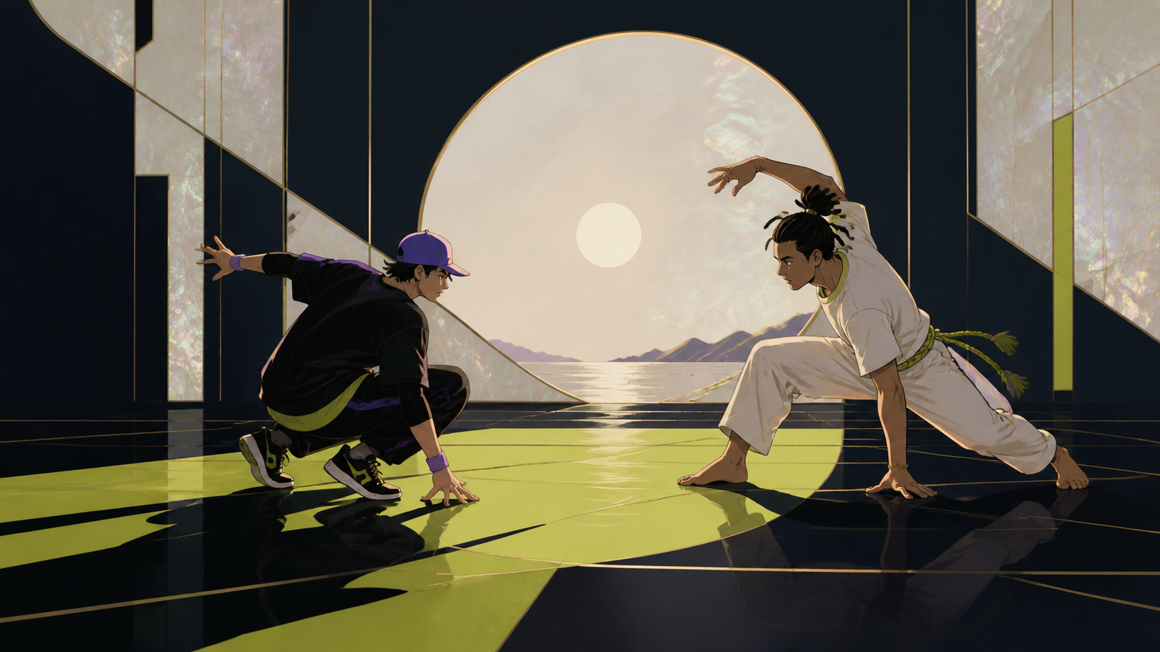 A street dancer and a capoeira fighter improvising a friendly duel, in a calm location whose stillness contrasts with precise movement. Symmetrical pre-duel composition broken by one sudden gesture. Acid lime, ultraviole