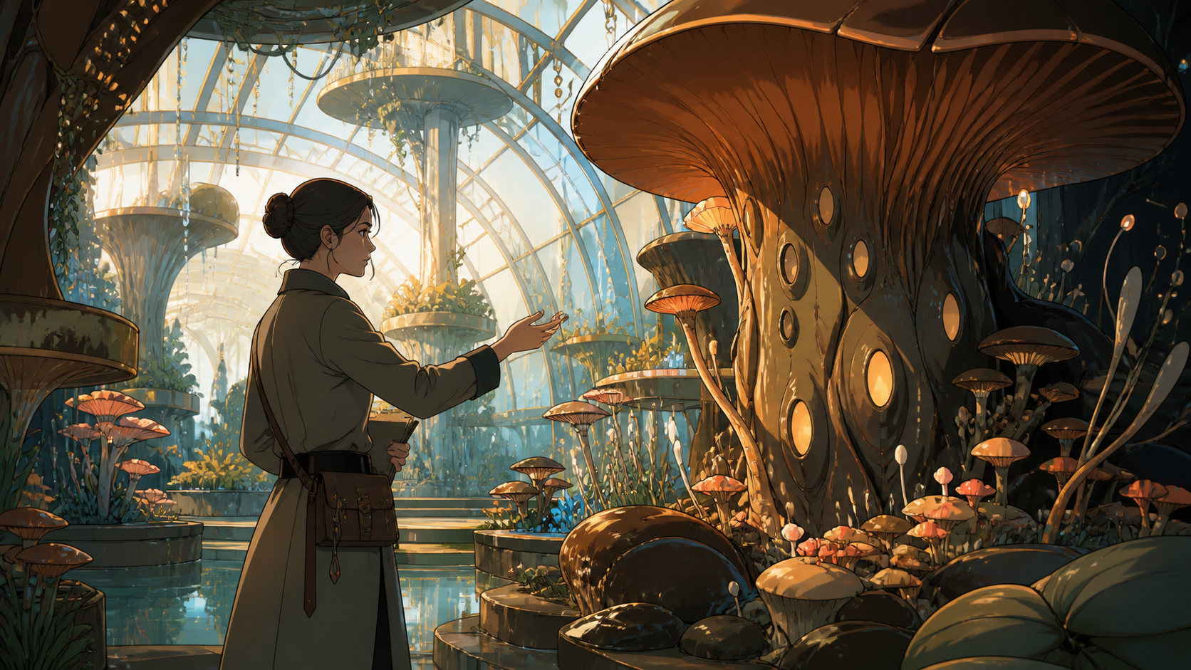 An adult botanist negotiating with a newly intelligent fungal forest, after rainfall activates hidden biological structures throughout the scene. Architectural greenhouse vista structured by repeating organic forms. Ambe