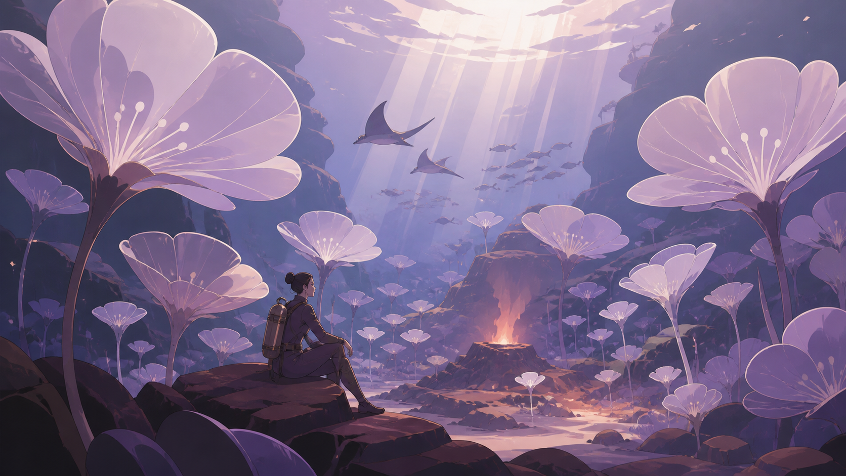 A garden of enormous translucent flowers growing around a warm volcanic vent, during the brief hour when sunlight reaches the seafloor. Wide underwater vista with light guiding the eye through multiple depths. Mulberry, 