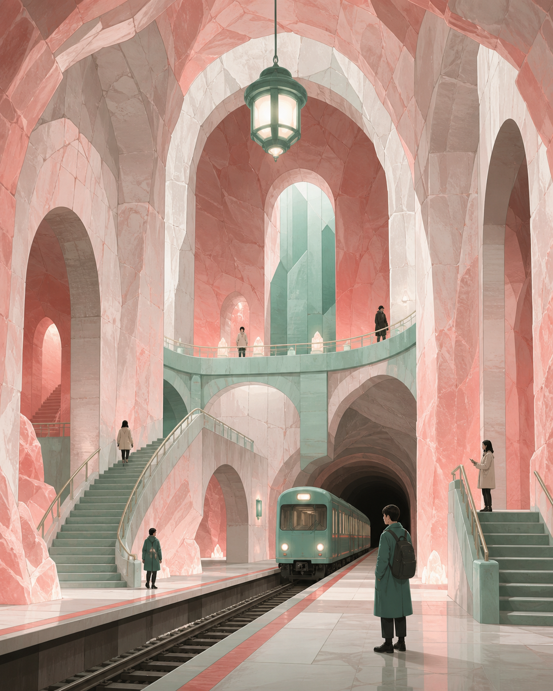 An underground railway cathedral carved from luminous salt, with a few tiny figures quietly exploring its impossible geometry. Architectural hero view with controlled symmetry and deep spatial layers. Celadon, coral pink