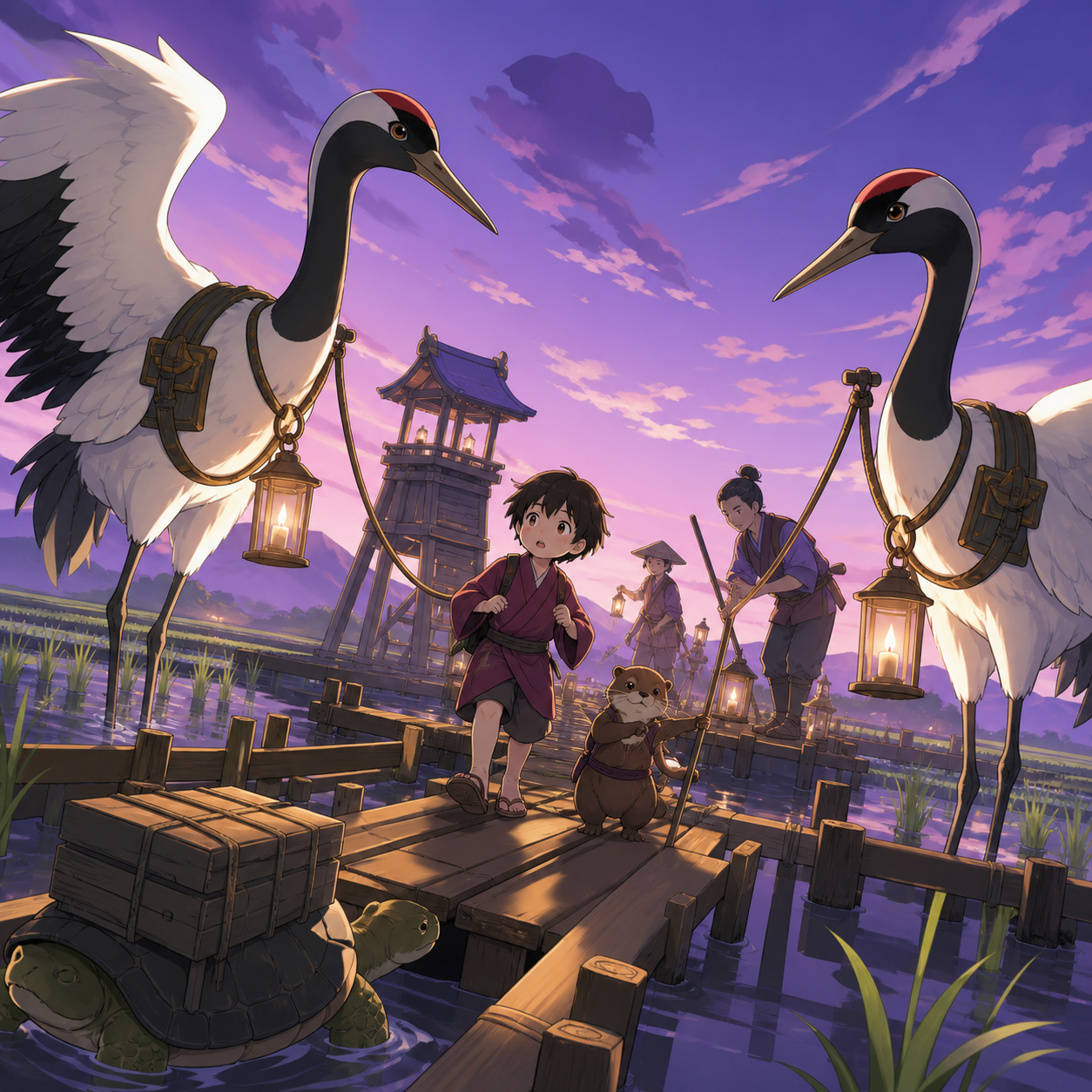Cranes escorting a lost child across shallow rice fields, as humans and animals solve a practical problem together. Low animal-height perspective through a functional environment. Mulberry, tea brown, tarnished silver, a