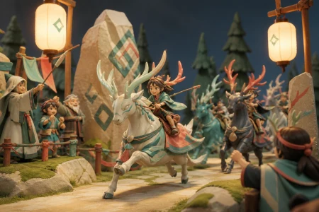 Forest clans guiding antlered racing spirits around ancient markers, at a joyful regional tournament rather than a dangerous battle. Dramatic front three-quarter frame with several