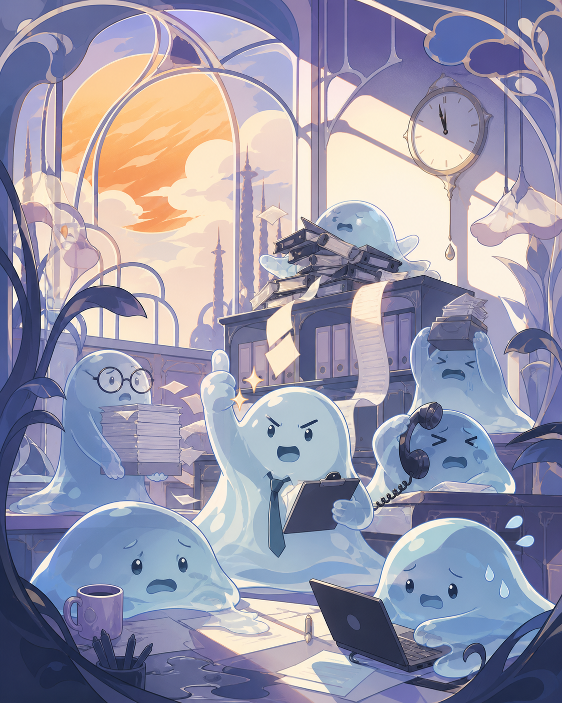 An office staffed by anxious slimes trying to meet an impossible deadline, working together with tremendous confidence and very little competence. Ensemble comedy tableau with several connected visual jokes. Pale lavende