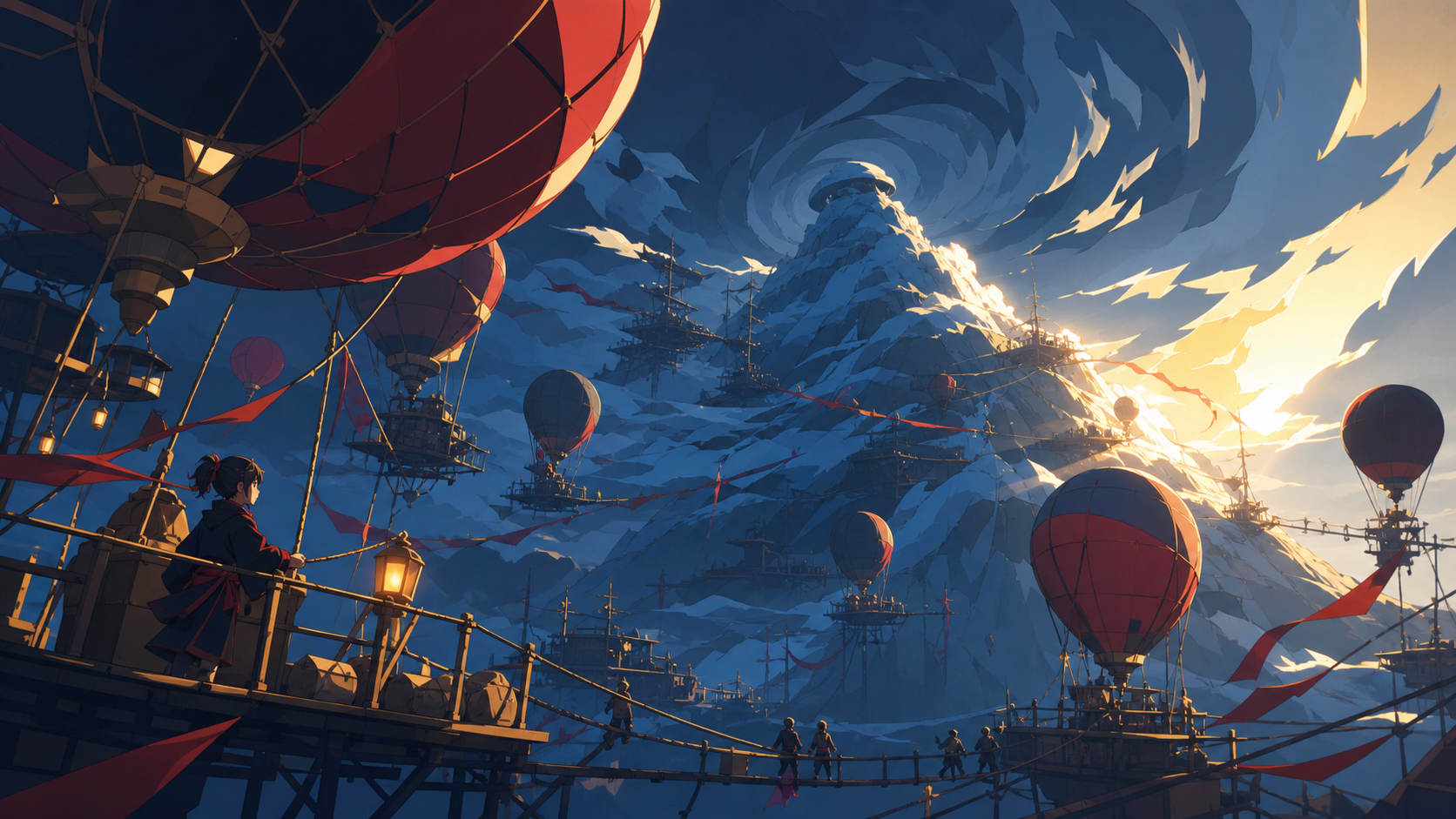 A balloon city gathering around a seasonal mountain-sized storm, as changing winds force inhabitants into a practiced communal response. Sweeping aerial panorama with a strong route across the frame. Pine black, snow blu