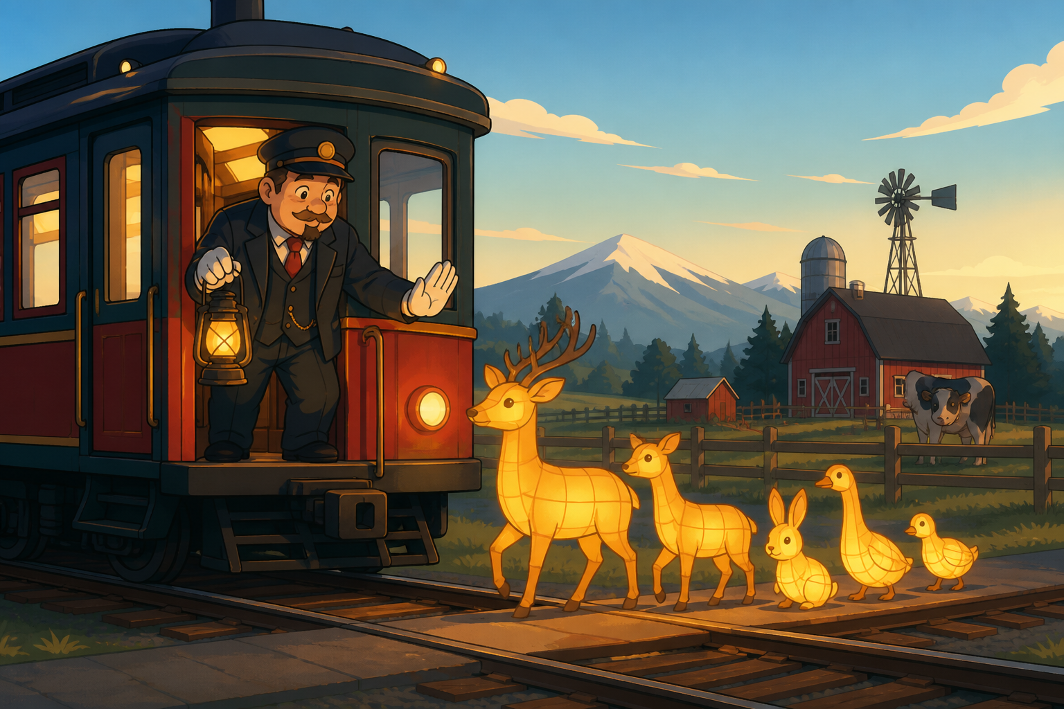 A rural train operator stopping for migrating lantern animals, at the start of a long day in a sparsely populated landscape. Medium environmental portrait connecting one worker to their craft. Pine black, snow blue, ceda