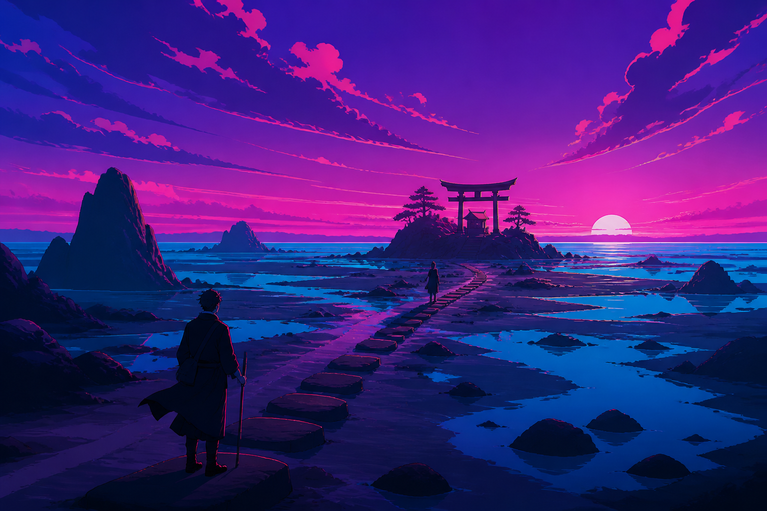 A coastal shrine path uncovered only during the lowest winter tide, with sparse human activity grounding an otherwise expansive landscape. Tranquil landscape panorama with a strong foreground-to-distance rhythm. Saturate
