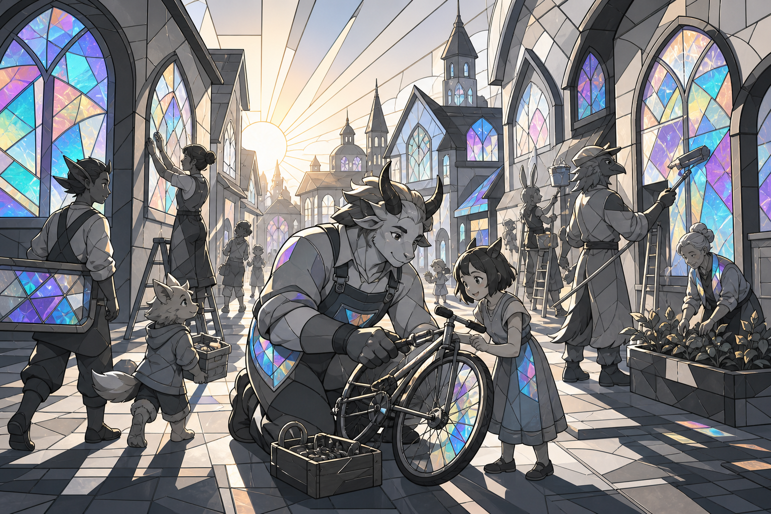 A gentle horned mechanic repairing bicycles for neighborhood families, during a neighborhood project involving every kind of resident. Street-level social frame where architecture reflects its residents. Monochrome graph