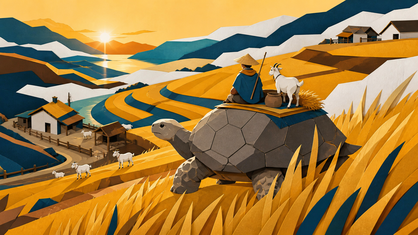 A goat herder crossing high grasslands on the back of a patient stone turtle, shown as daily life with a restrained fantasy rule. Elevated view organizing fields and paths into clean graphic shapes. Saffron, peacock blue
