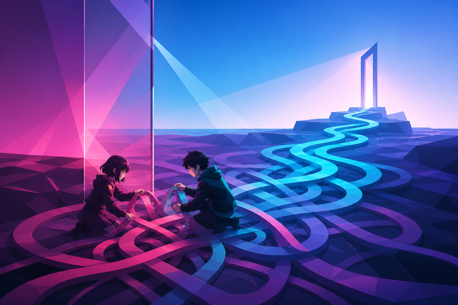 Two friends untangling a shared maze made from ribbon-like roads, with gentle surrealism and a hopeful emotional turn. Wide quiet frame with meaningful negative space. Saturated magenta, electric cyan, deep violet, and p