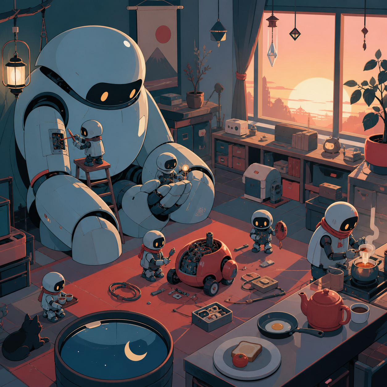 A cluttered bedroom workshop where miniature robots repair one another, at sunrise while breakfast and tea are being prepared. Inviting room-wide composition with several discoverable details. Pine black, snow blue, ceda