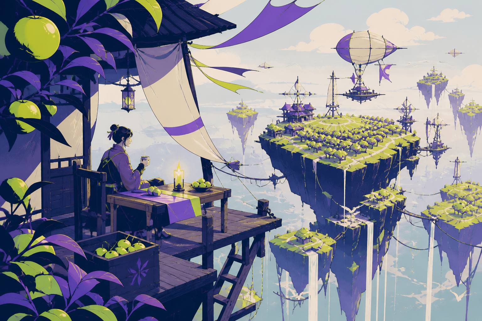 Orchards cultivated on a chain of drifting islands, during clear morning weather that reveals the depth below. Vertigo-inducing vertical composition balanced by a calm foreground activity. Acid lime, ultraviolet, matte n