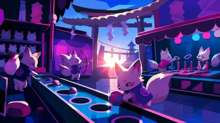 Small fox spirits copying the visitors' festival games after closing, in the calm hour after the final visitors have gone. Quiet post-festival composition centered on workers and l