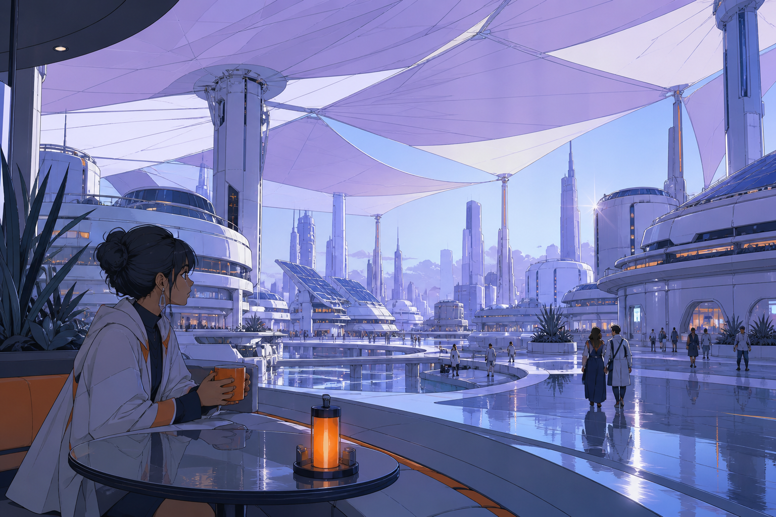 A solar-powered desert city shaded by kilometer-wide silk canopies, on a humid night after rain, full of reflections and everyday life. Grand city panorama balanced by one intimate foreground detail. Pale lavender, icy b