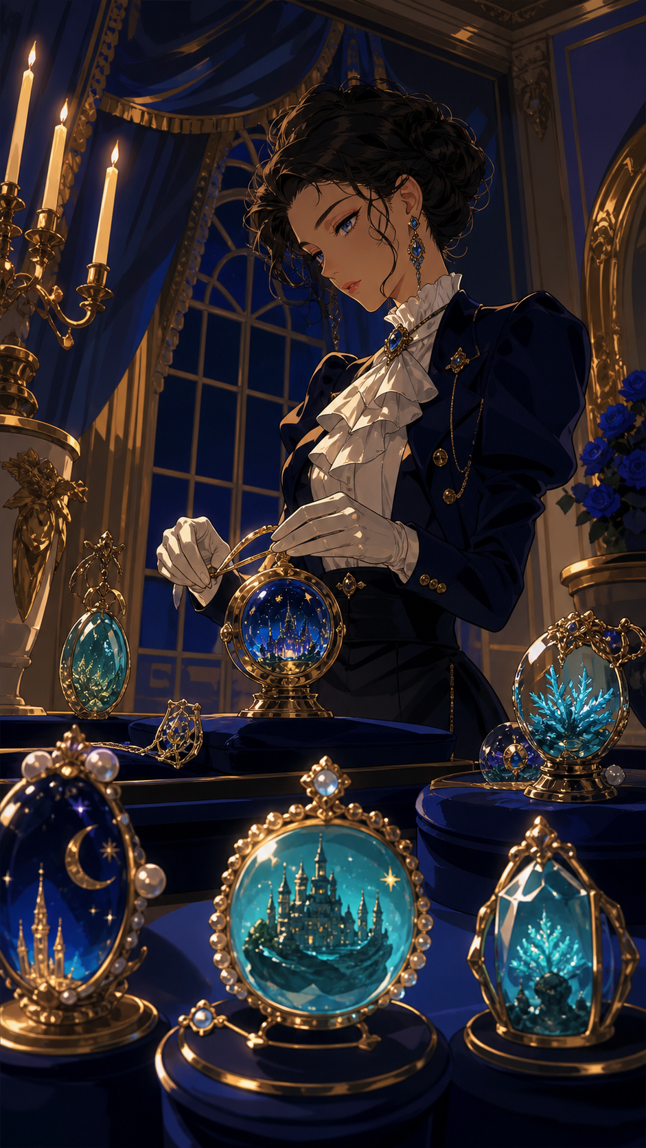 A jeweler arranging wearable miniature worlds for a private viewing, during the focused preparation before a major reveal. Low-angle fashion portrait balanced by graphic studio architecture. Ultramarine, bioluminescent t