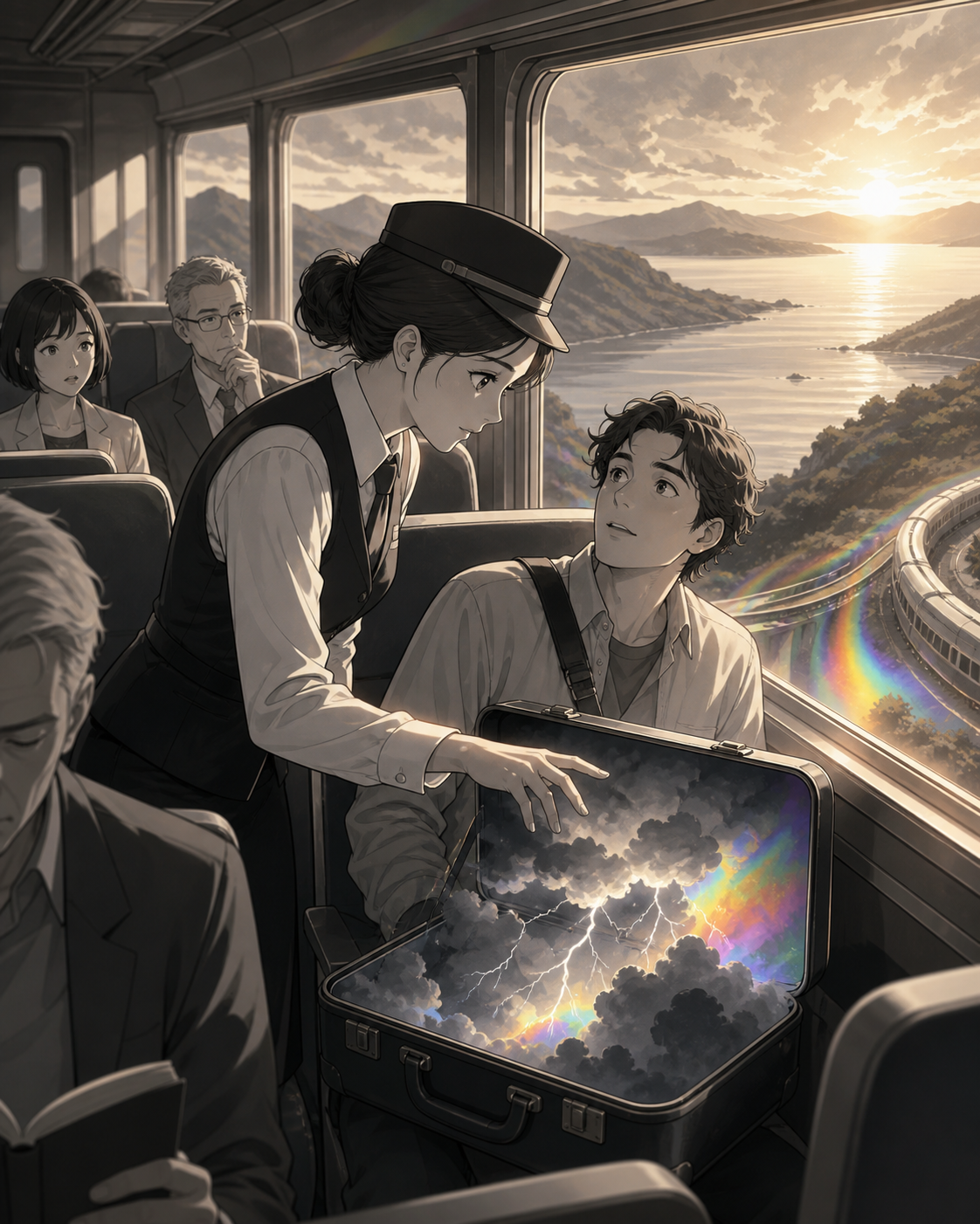 A train attendant helping a traveler whose luggage contains a tiny thunderstorm, when one shared observation changes the atmosphere among the passengers. Window-side two-person composition with the journey visible beyond