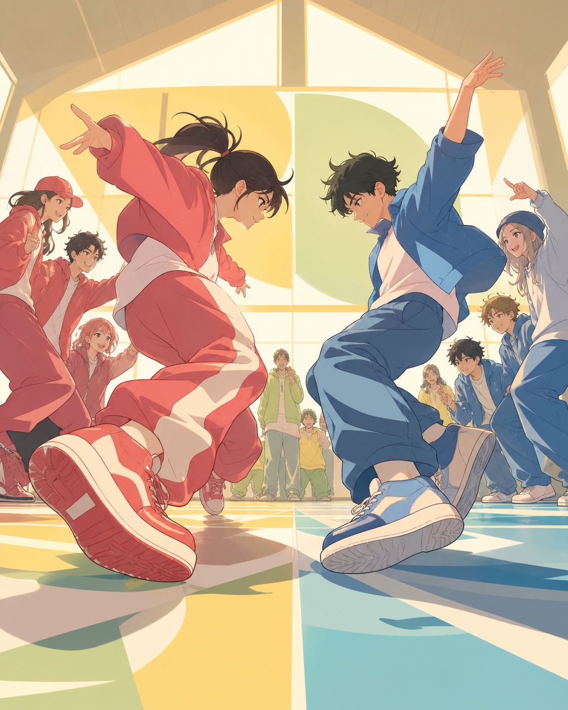 Two school dance clubs combining styles during a friendly final, during a joyful collaboration that begins as a competition. Low side angle focused on footwork and opposing movement lines. Soft pistachio, butter yellow, 