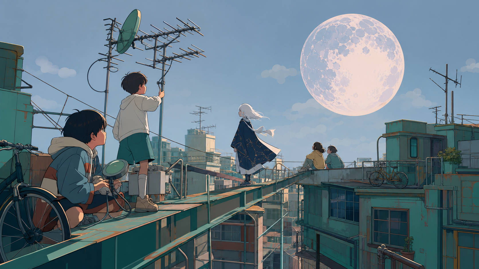 Children discovering that apartment antennas receive messages from the moon, as one supernatural visitor joins a familiar neighborhood routine. Elevated path-like composition connecting several neighboring rooftops. Moon