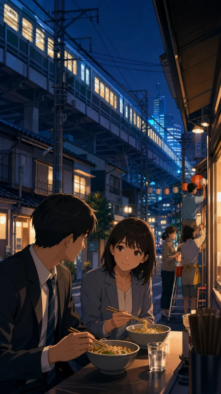 Two office workers sharing late-night noodles beneath an elevated railway, as neighbors prepare together for a small local celebration. Compressed telephoto composition layering se