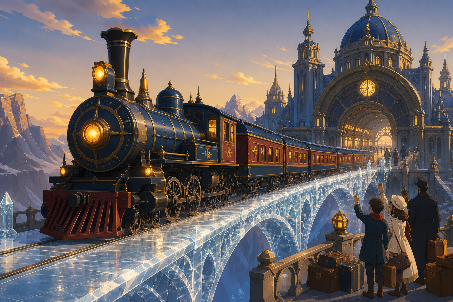 An ornate night train crossing a bridge made from frozen moonlight, arriving at an extraordinary terminal during difficult weather. Grand three-quarter vehicle view embedded naturally in its route. Petrol blue, oxide red