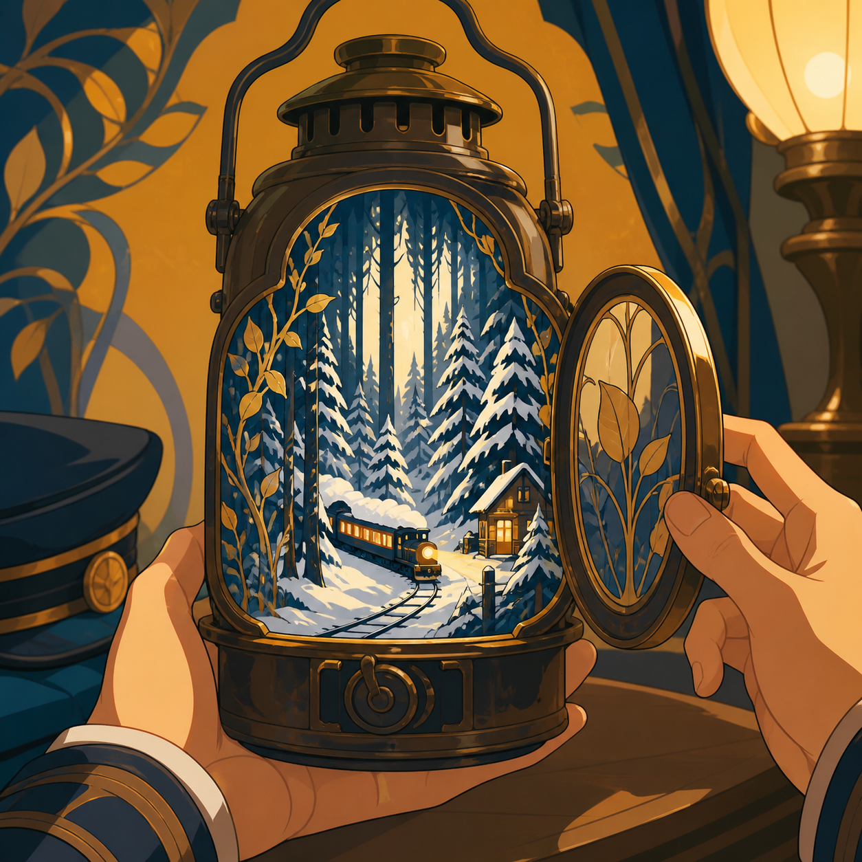 A winter forest growing inside an old train conductor's lantern, with scale contrast serving as the entire visual idea. Cutaway-like angle revealing the impossible volume without technical labels. Saffron, peacock blue, 
