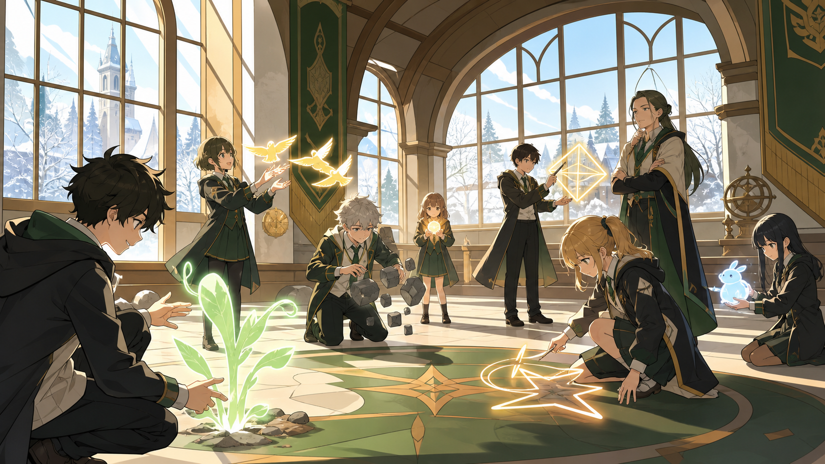 A class where each student's harmless magic appears differently, during a cooperative exam that rewards kindness and creativity. Gym or courtyard view organized around one supervised exercise. Moss green, slate gray, mus