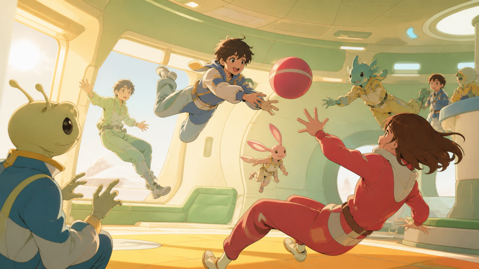 Human exchange students learning a zero-gravity playground game, on a normal school or work day with imaginative surroundings. Observational everyday frame that makes alien life feel familiar. Soft pistachio, butter yell
