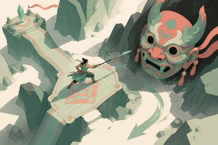 An adult spear dancer holding a mountain pass against a giant ceremonial mask, during a high-stakes task centered on protection rather than destruction. Overhead tactical compositi