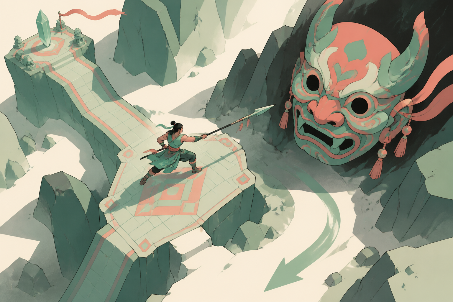 An adult spear dancer holding a mountain pass against a giant ceremonial mask, during a high-stakes task centered on protection rather than destruction. Overhead tactical composition showing objective, obstacle, and esca