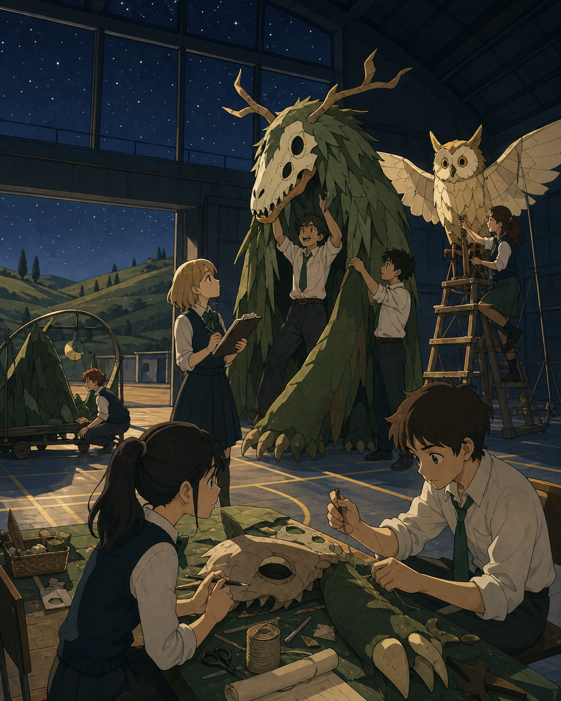 A theater club testing handmade monster costumes in an empty gym, during organized chaos where every member has a clear task. Table-height view with hands, tools, and reactions all readable. Moss green, slate gray, mushr