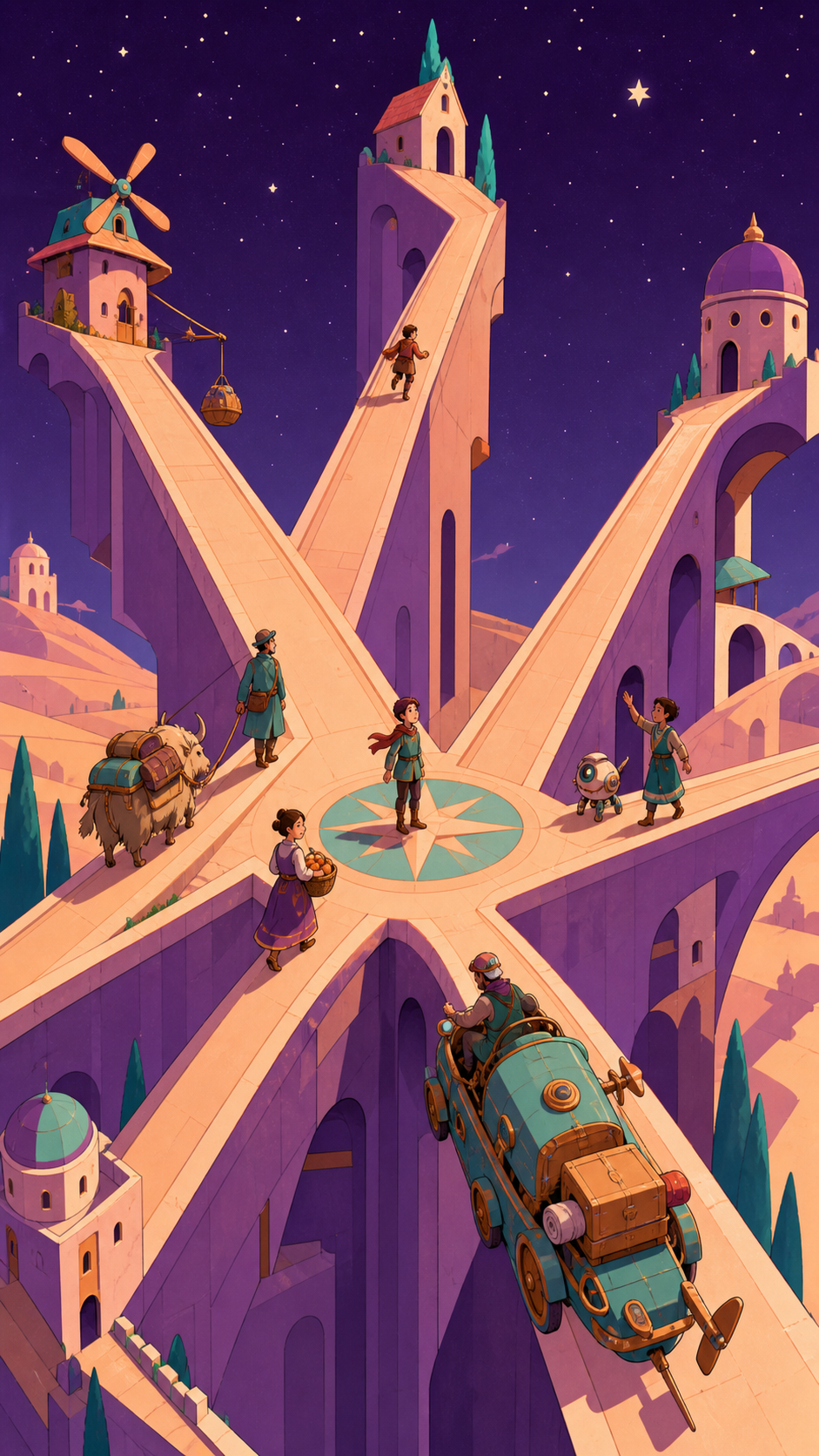 A city intersection where every road leads upward in a different direction, during ordinary activity that treats impossible geometry as normal. Wide axonometric-like scene with multiple readable routes. Apricot, orchid p