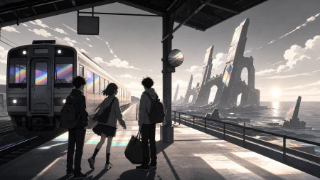 Teen friends taking their first independent trip to the sea, between stations as the passing landscape becomes the main story. Platform-wide composition with the arriving train cre